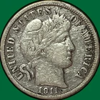 1911-D Barber Dime Choice Very Fine VF+ Coin, Cleaning #33930