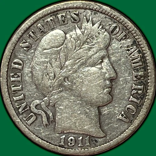 1911-D Barber Dime Choice Very Fine VF+ Coin, Cleaning #33930