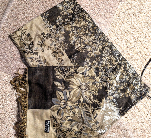 head Scarf Shawl cape wrap black & gold flowers Silk Cashmere print dress