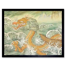 Buddhism Dragon Painting Drawing 12X16 Inch Framed Art Print