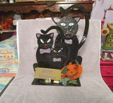 Vtg Halloween Black Cats Metal Yard Art Sculpture Decor Pumpkin Glitter 23x16
