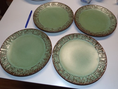 NEW 4 LUNCHEON 7F Plates 9" Frankoma MAYAN AZTEK Prairie GREEN Pottery