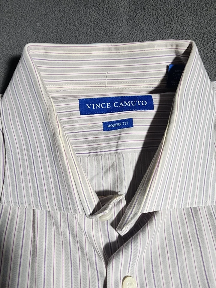 Vince Camuto 正装衬衫男式 17 码灰色紫色条纹纽扣长袖 — 第 4/4 张图片