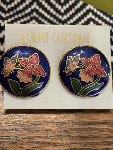 Genuine Cloisonne clip on earrings dafodil butterfly Cobalt blue pink Green New - Picture 1 of 7