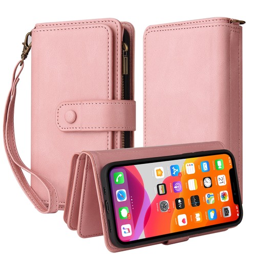 Custodia in pelle per iPhone 16 Pro Max 15 14 13 12 11 cerniera grande portafoglio carte - Foto 2 di 14