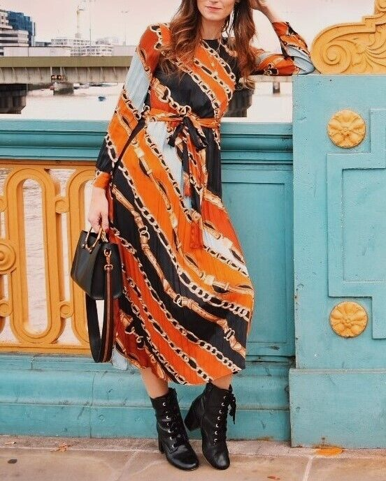 ZARA KLEID MIDI KETTENPRINT PLISSEE GR. S CHAIN PRINT PLEATED LONG DRESS  NWT | eBay.de