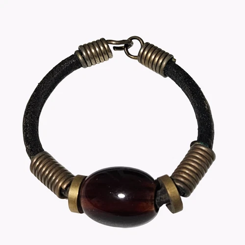 Vintage Boho Bakelite Bead Leather Metal Bracelet Brown Fashion Jewelry Women