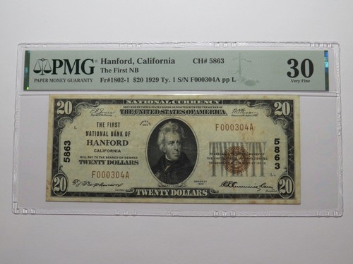 $20 1929 Hanford California National Currency Bank Note Bill Ch. #5863 VF30