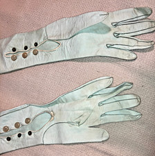 Vintage Extra Long 21" Unlined Leather GLOVES-Pearl-like Snap Buttons-Good Cond.