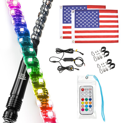 Pair 3FT RGB LED Spiral Whip Lights W/ Flag&Remote Antenna Chase for RZR UTV ATV