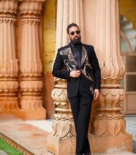 Men Designer 2Pc Black Customized Horse Embroidered Western Cocktail Prom Outfit