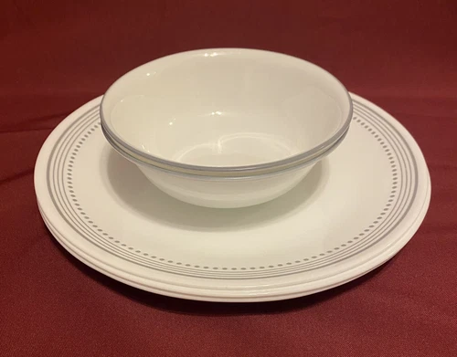 Set of 5 Corelle MYSTIC GRAY 3 Dinner plates 2 Soup Bowls, Gray bands & dots