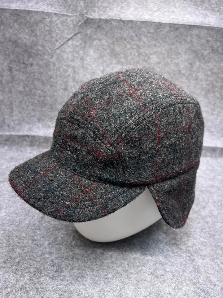 LL Bean Trapper Hat Cap Fitted Adult Medium Gray Red Plaid Ear Flap Wool Blend - Image 4 of 4