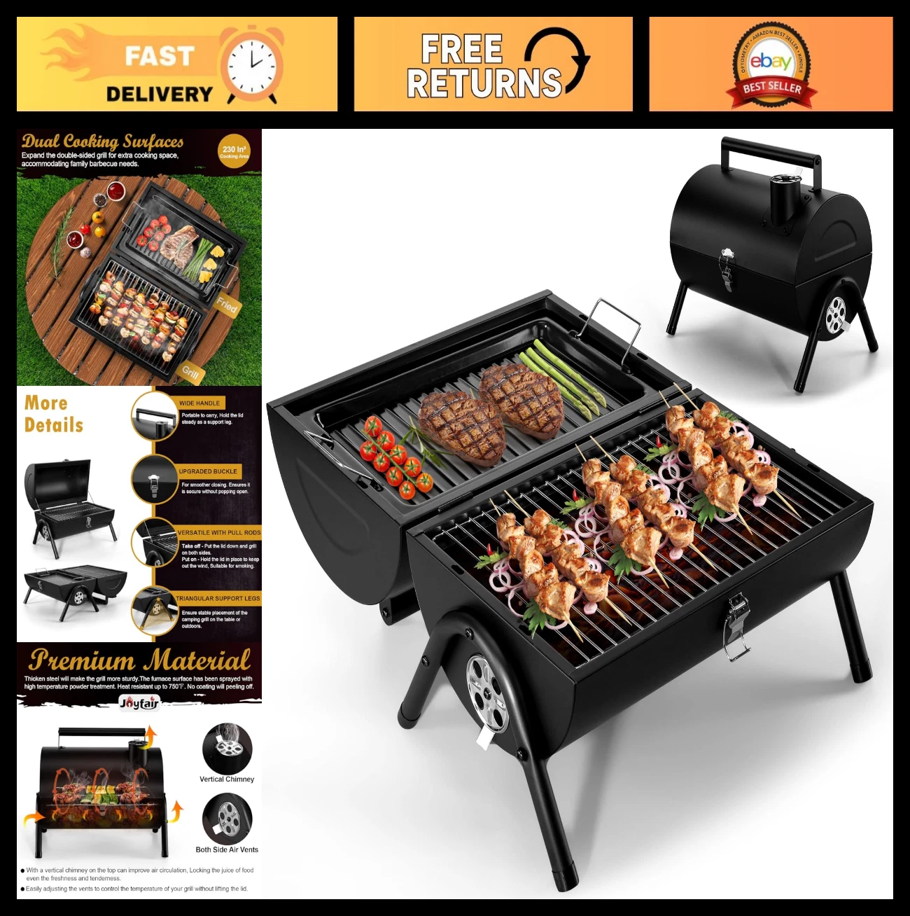 Portable Charcoal Grill 2-in-1 Double-Sided Tabletop BBQ with Food Tray & Rack,
Opens in a new windo