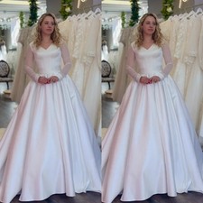 Simple Wedding Dresses Long Sleeves V Neck A Line Sweep Train Satin Bridal Gowns