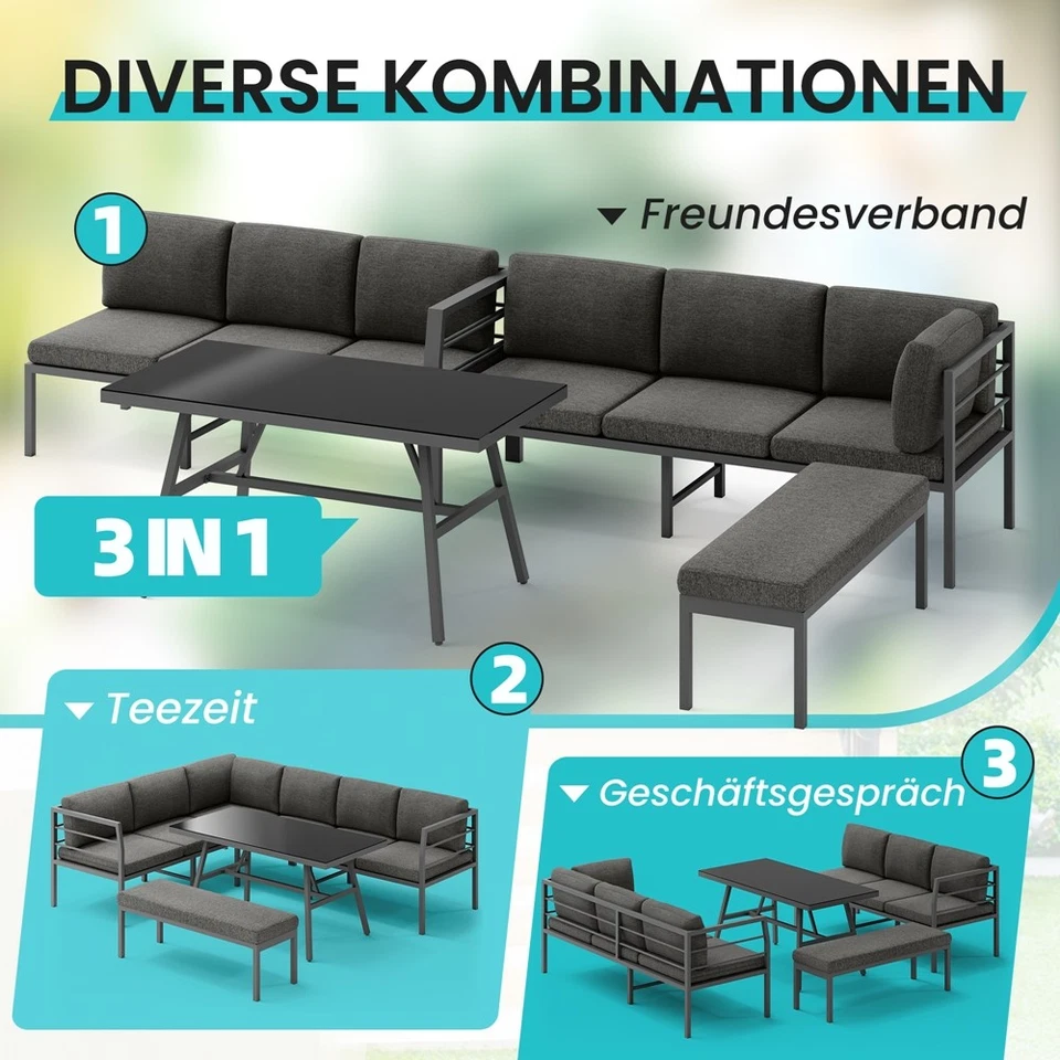 Essgruppe Aluminium Lounge Ecksofa mit Sitzbank Grau Tisch wetterfest - Bild 2 von 4