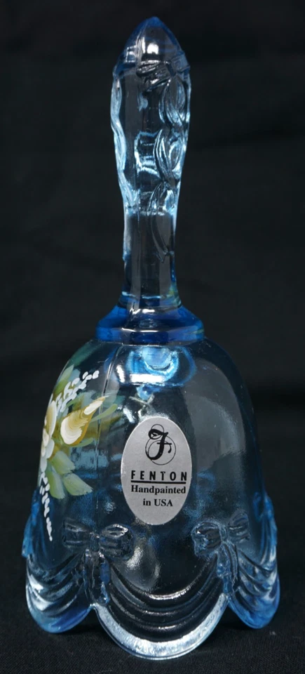 Vintage Fenton Blue Art Glass Mini Bell Hand Painted Signed - Image 3 of 4