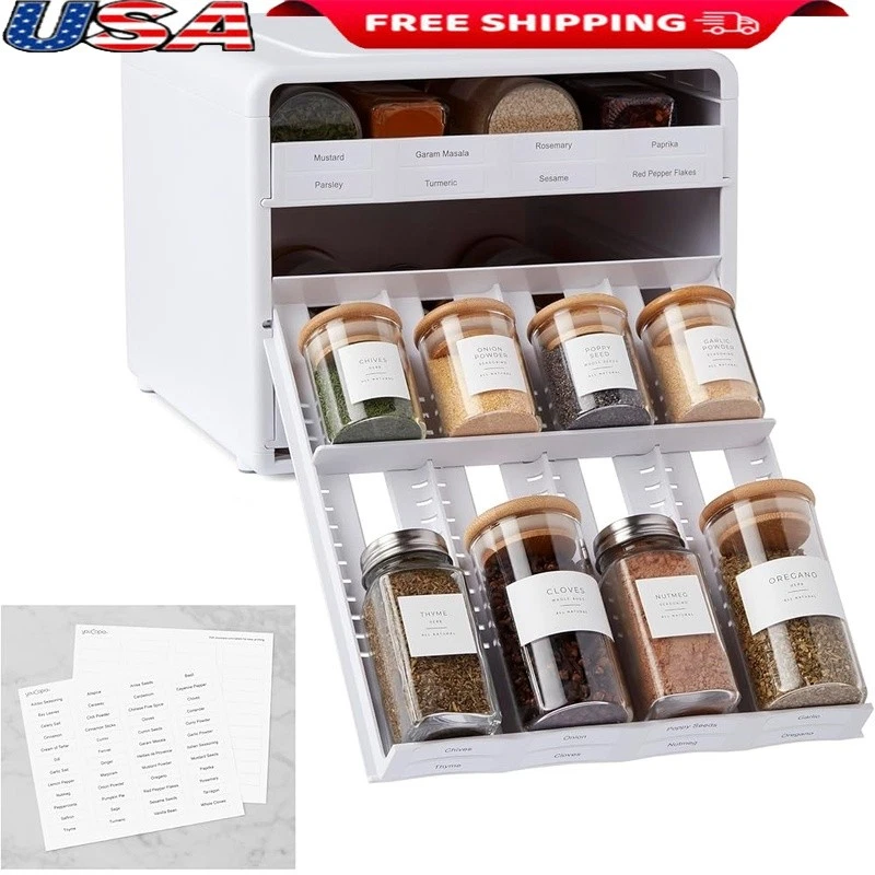 Adjustable Spice Organizer Pull Out Shelf W/ Custom Labels Kitchen Storage New