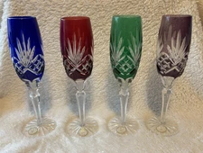 4 Ajka Crystal Clear Industries Champagne Flutes Crystal Green Blue Red Amethyst