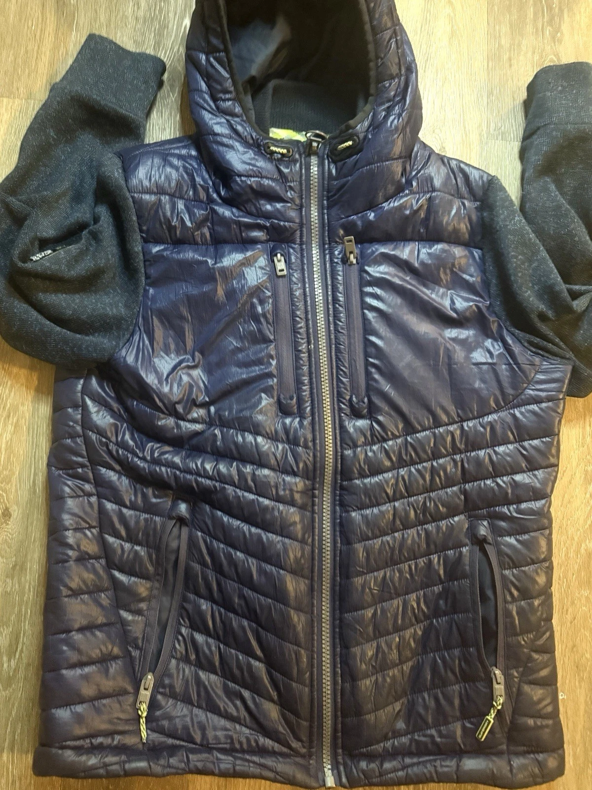Superdry Storm Hybrid Hooded Jacket Navy Blue Quilted Puffer Zip Pockets Mens Xl