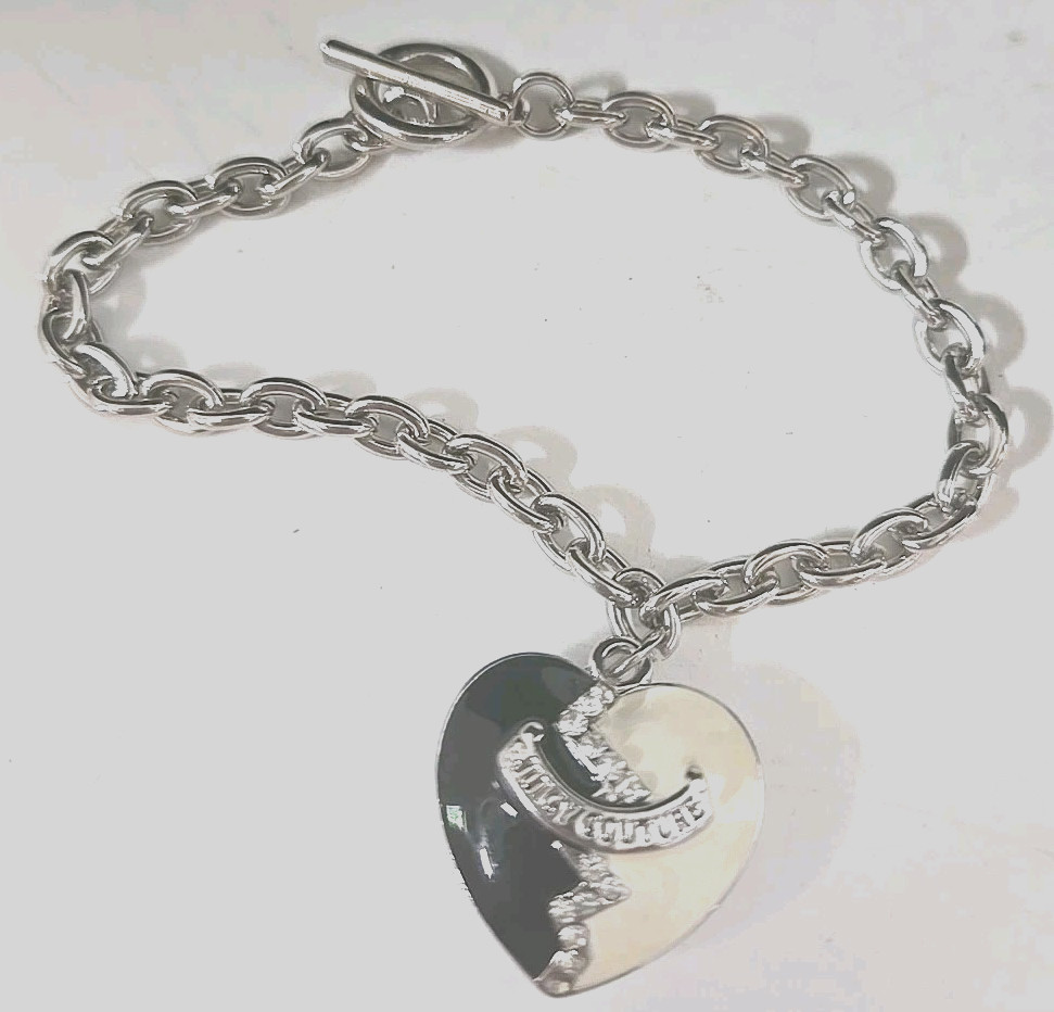 Juicy Couture Y2K Silver Tone Puffy Heart Charm Ying Yang Toggle Bracelet 6.5'