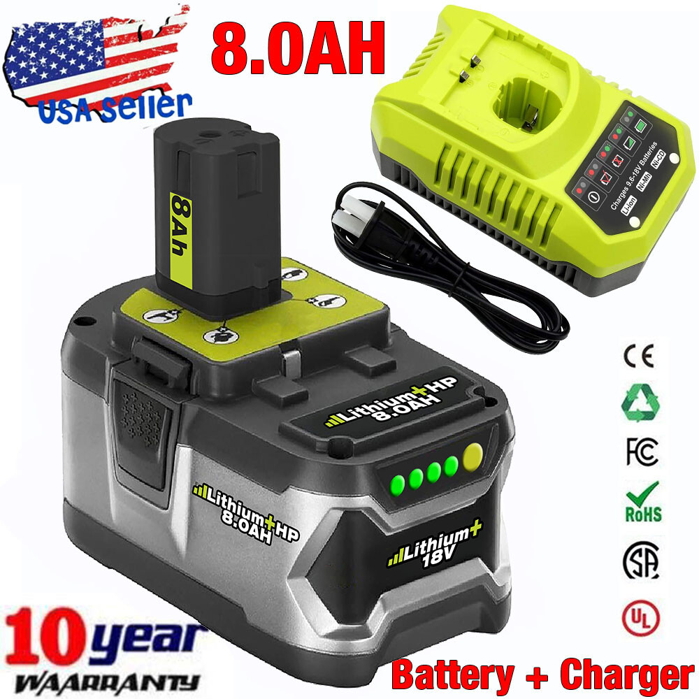 8.0Ah 18V For RYOBI P108 High Capacity Battery 18Volt Lithium-Ion + P117 Charger