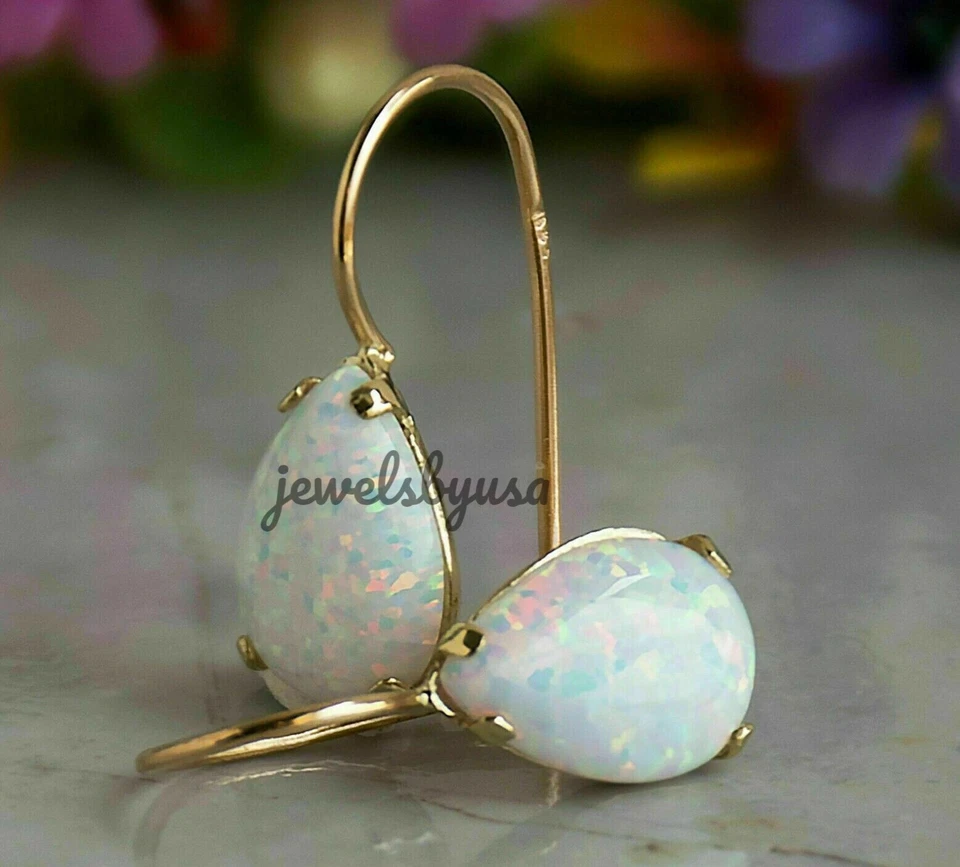 10k Solid Yellow Gold Ethopian Fire Opal Lab Created Pear Hoop Stud Earrings - Image 4 of 4