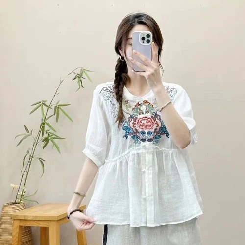 Camicia retrò sciolta etnica cotone lino ricamato top cardigan estivo cinese - Foto 12 di 29