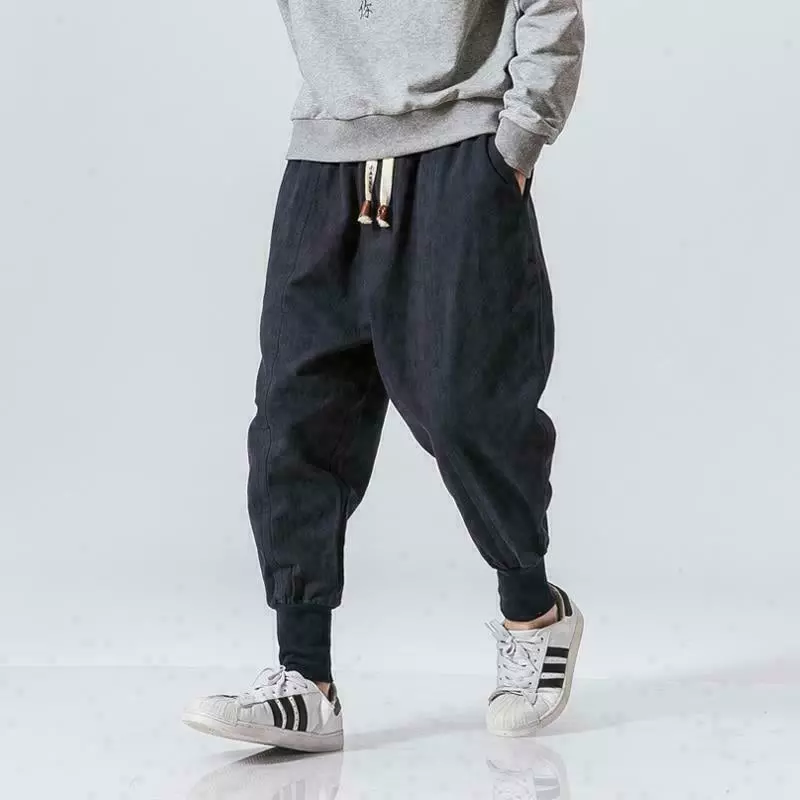 Men's Japanese Sweat Pants Casual Cotton Linen Stretch Elastic