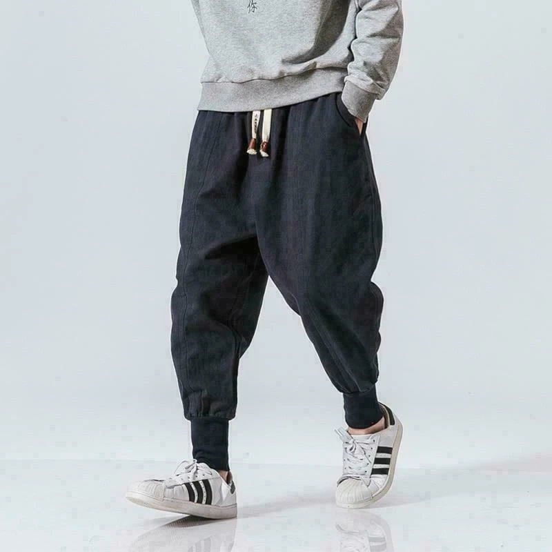 Men's Japanese Sweat Pants Casual Linen Stretch Elastic Cotton Trousers Joggers