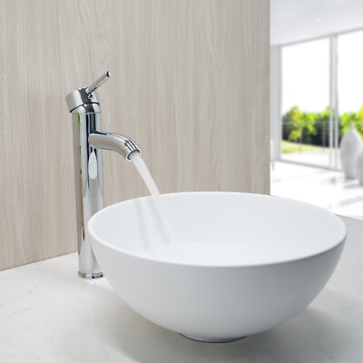 13'' Round Bathroom White Ceramic Vessel Sinks Basin Bowls Combo Mixer Tap Drain