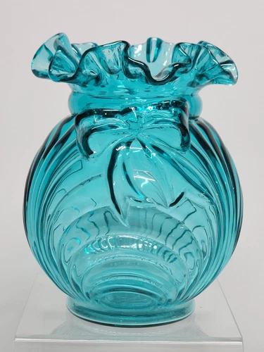 Vtg Fenton Glass Teal Caprice Swirl w Bow Ruffled Edge Vase