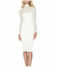 Women's Dress Stylish Bodycon Cocktail Long Sleeve Lace White Knee High Size S