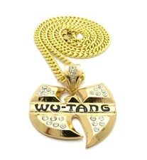 Hip Hop Cubic Zirconia Iced Gold Plated WU TANG pendant & Cuban Chain Necklace