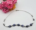 Vintage Hand Painted Chinese Floral Porcelain Milk Glass Beaded Necklace 20"