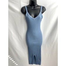 Active USA Blue Midi Dress Size M Knit V Cutout Front Slit Bodycon Barbiecore