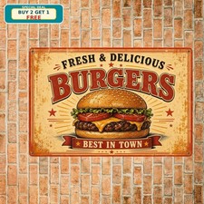 Fresh Delicious Burger And Fries Retro Fast Food Diner Restaurant Metal Sign