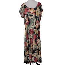 Chaps Tropical Floral Maxi Dress Womens Size 2X Black Hawaiian Aloha Cotton
