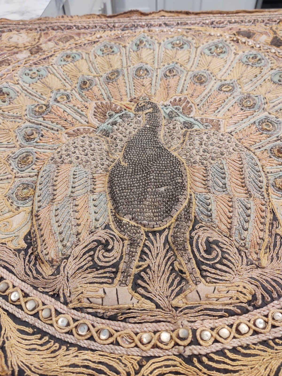 Sequin PEACOCKS Burmese KALAGA Hand-Embroidery Tapestry Wall Hanging 35 x 26 In