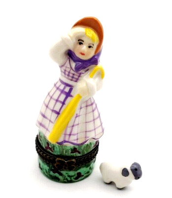 Vintage 1980s Ceramic LITTLE BO PEEP Hinged Trinket Box with Sheep Trinket EUC