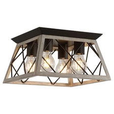 Farmhouse Ceiling Light Oak Semi Flush Mount Vintage 4-Light Square Rustic Is...