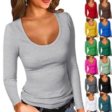 UK Women Casual RIBBED Stretch Low Cut Tops Long Sleeve Shirts Blouse Basic Tee