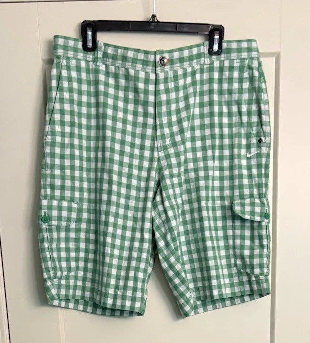 Nike Men’s Sz 36 Green Gingham Cargo Golf Shorts Dri-Fit