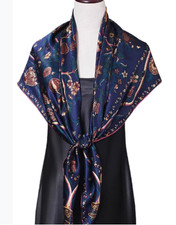 100 Silk 41" large Square Scarf Women Shawl Wrap floral navy blue red MY173-40