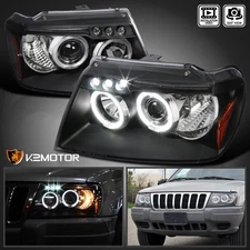 Black Fits 1999-2004 Jeep Grand Cherokee LED Halo Projector Headlights Lamps