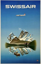 Original Vintage Poster SWISSAIR Airline Travel Tourism Alps Leupin LINEN Rare!