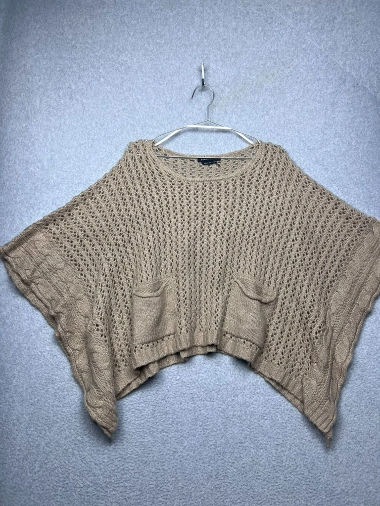 BCBGMAXAZRIA Open Knit Poncho Sweater Pockets Crochet Boho Oversized S/M Beach