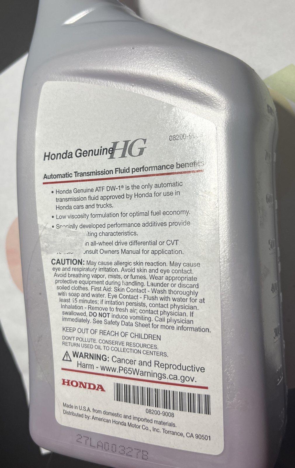 Genuine Honda Fluid 082009008 ATFDW1 Automatic Transmission Fluid 1