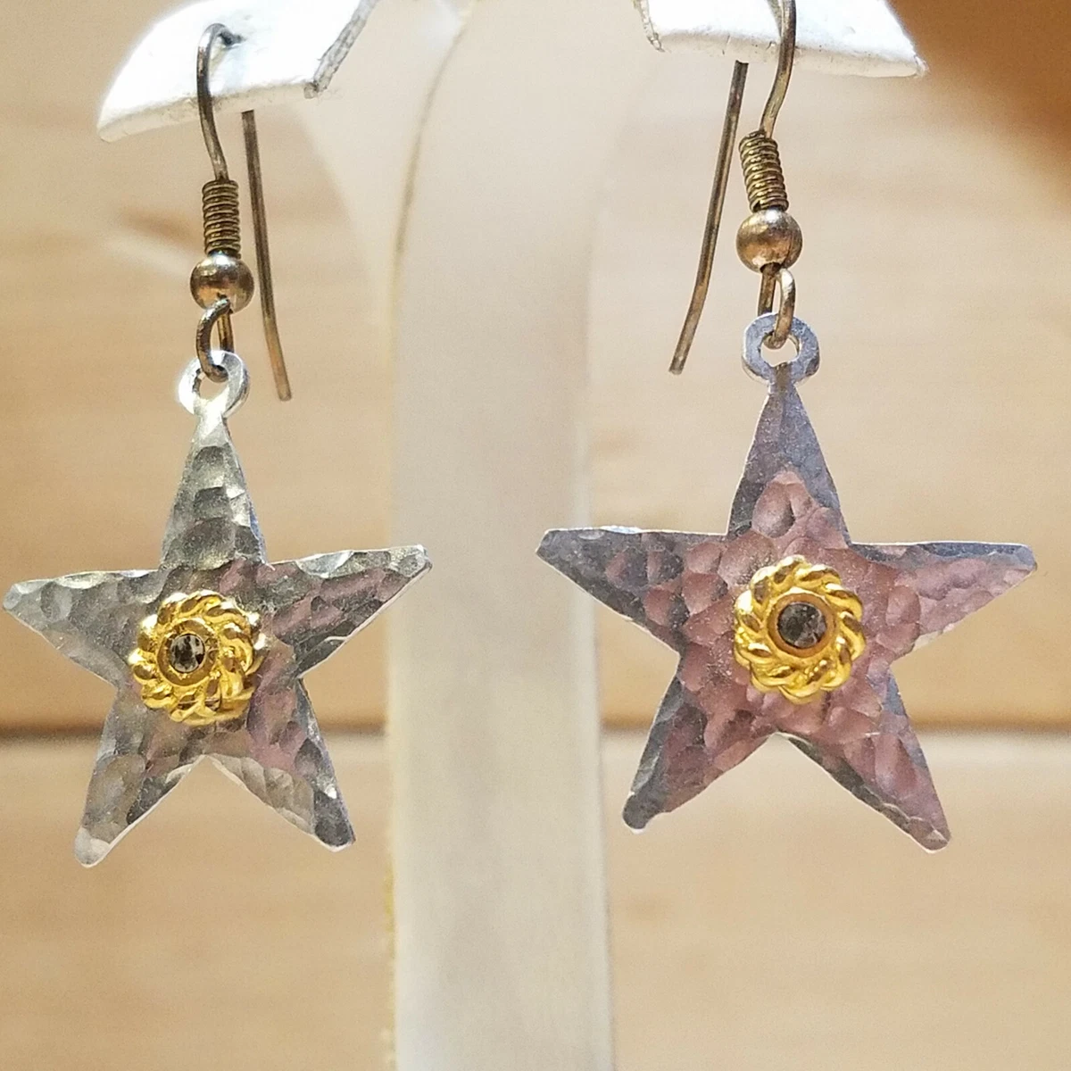 Star Shaped Earrings Hammered Metal Celestial Costume Jewelry 3 4