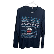 Bud Light T-Shirt Adult Small Blue Christmas Holiday Long Sleeve Funny Shirt